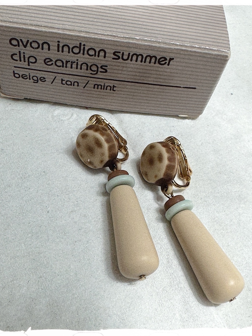 Avon ‘Indian Summer’ New in Box Clip- On Dangle Earrings with Pale Blue Accents